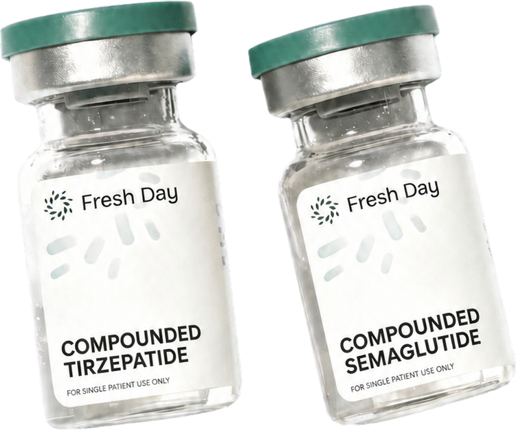 Fresh Day Compounded Tirzepatide and Compounded Semaglutide injection vials